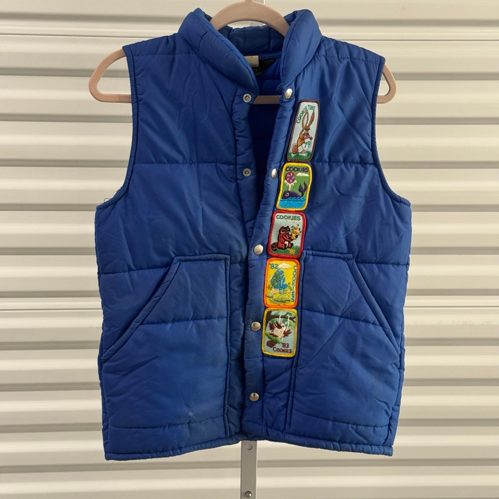 Girls Swingster Girl Scout Puffer Vest with Patches 1979 - 1981 Blue
